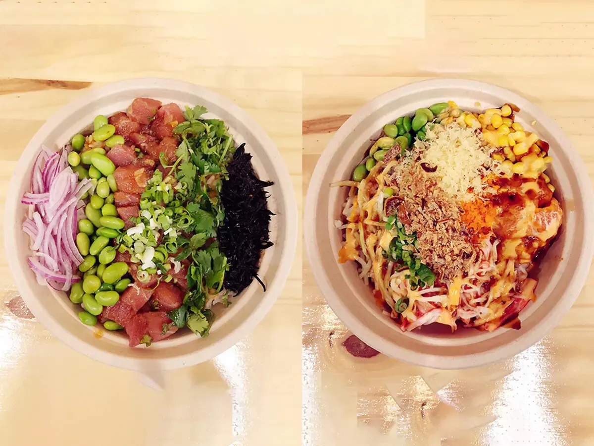 Two poke bowls with tuna, edamame, and various toppings at Pokéloha, a Asian Fusion Restaurant in Woonsocket